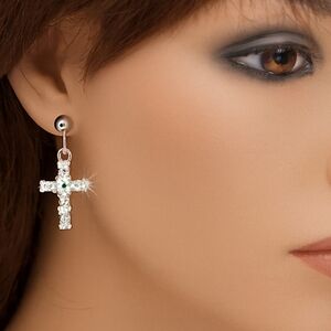 Women's Polished Silver Green Crystal Cross Design Drop Earrings, 1-inch